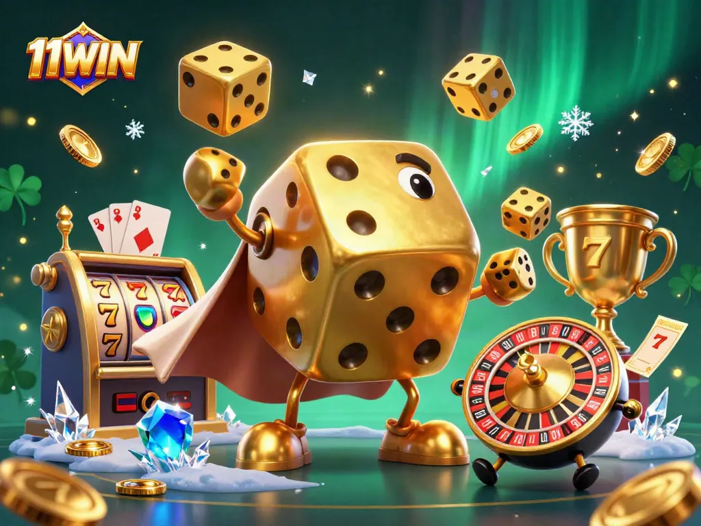 Engage with 11WIN's thrilling golden dice golem juggling in a vibrant casino scene.