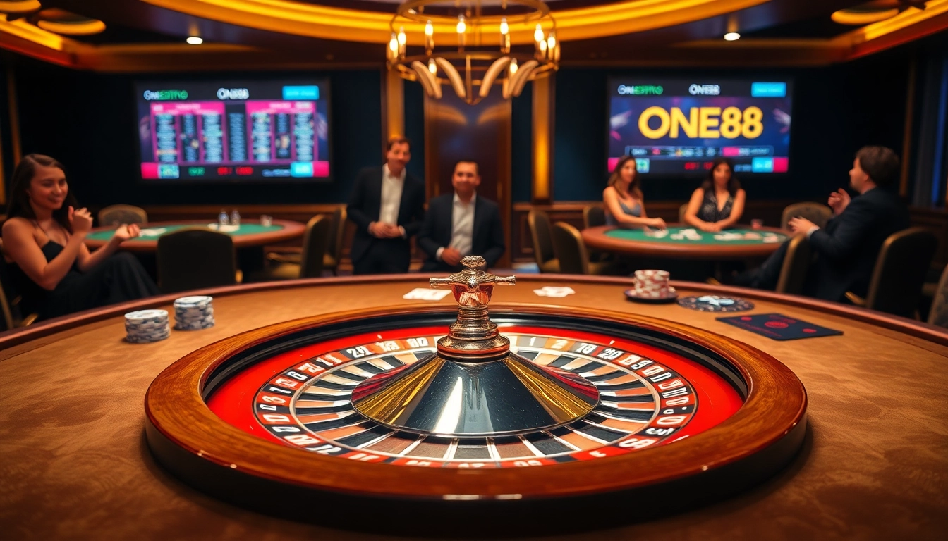 Engage in thrilling games at ONE88, with vibrant casino tables, roulette wheels, and high-stakes players.