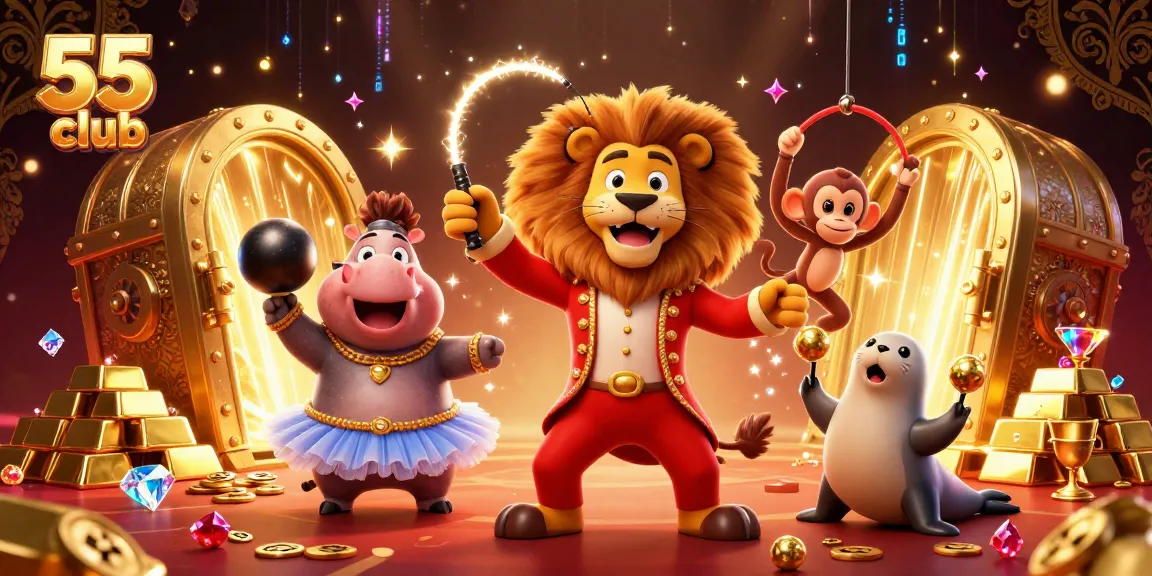 Experience the 55 club with vibrant 3D circus characters amidst sparkling casino treasures.