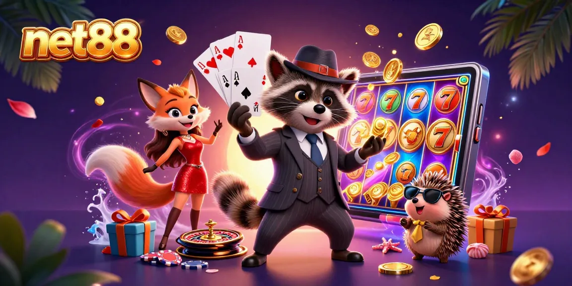 Experience thrilling wins at net88 with a lively casino scene featuring animated characters and exciting games.