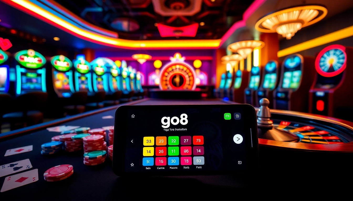 Action-packed gambling scene with go8 mobile platform, luxury tables, and vibrant casino elements.