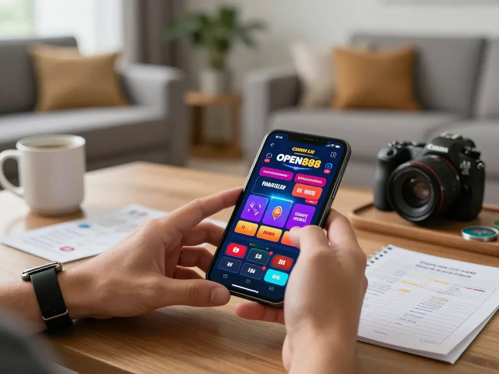 Engaging gameplay on the OPEN888 app showcasing responsible betting strategies in a modern living space.