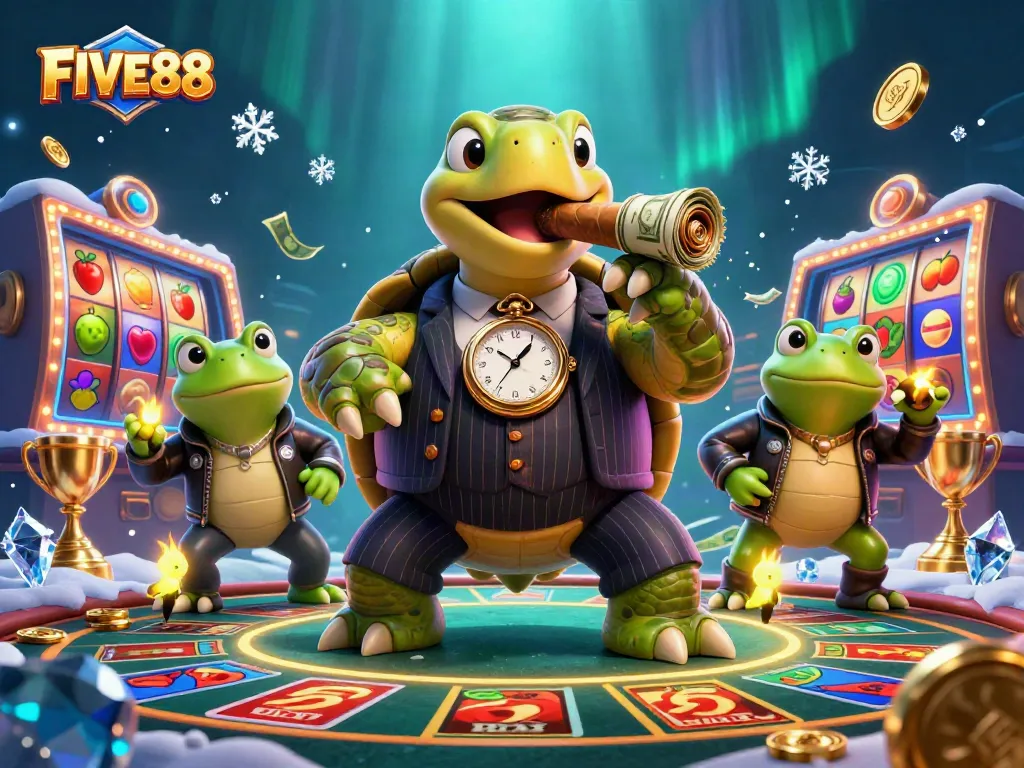 Engage in thrilling gameplay at FIVE88 with vibrant cartoon characters and dynamic casino elements.