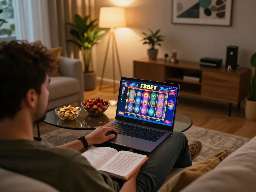 Engaging in F8BET slot games from a cozy home setup with strategy notes ready