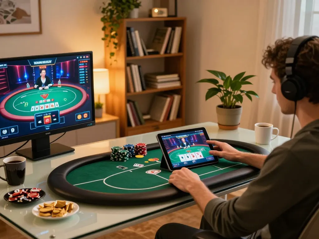 Person strategizing in online poker at mig8, showcasing a cozy home gaming atmosphere