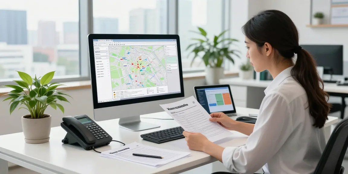 Servizio di visura catastale online in un ufficio immobiliare con agente che esamina documenti.
