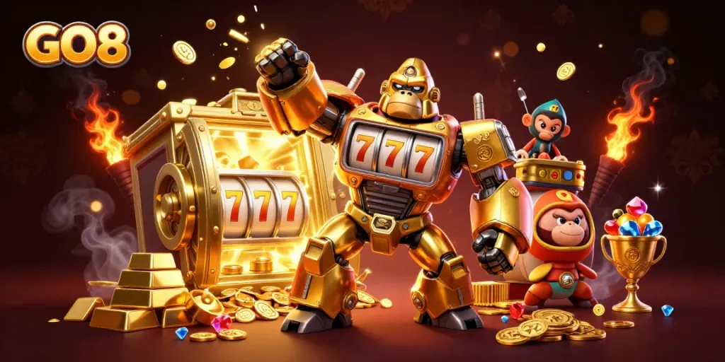 Experience the excitement at GO8 casino with a dynamic illustration of a golden gorilla mech and treasures.