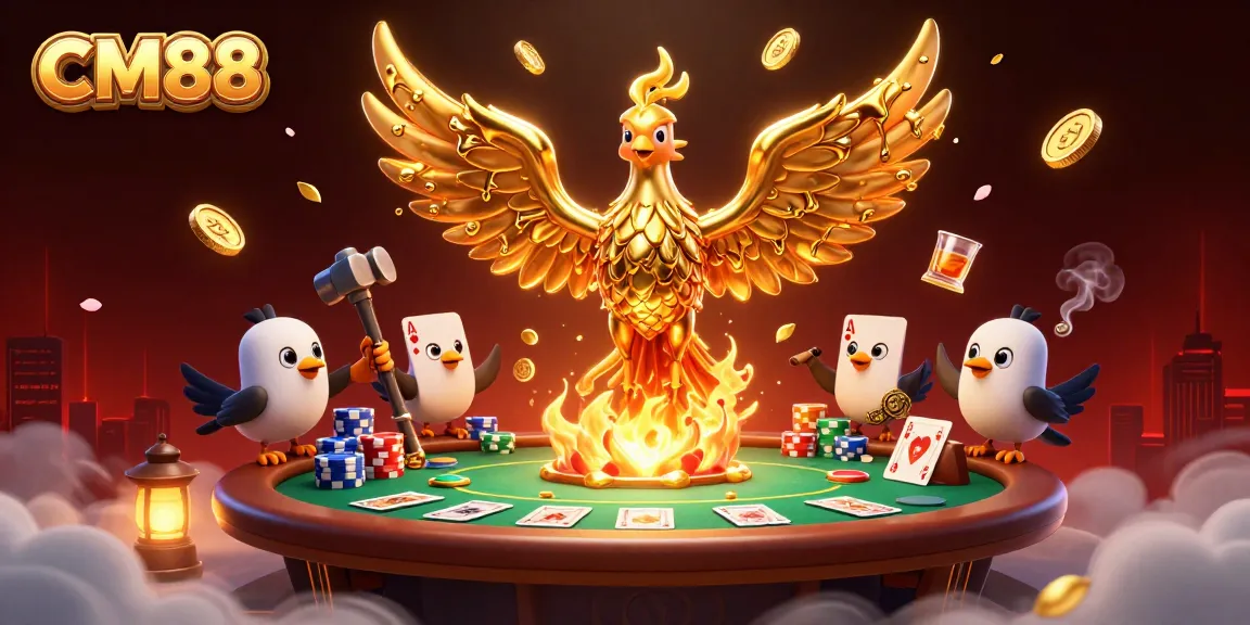 Experience the thrill of CM88 casino gaming with a golden phoenix and poker elements.