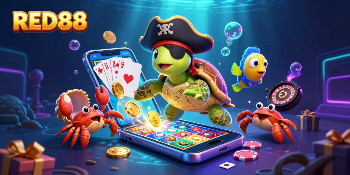 Engage with RED88's thrilling gaming adventure featuring a vibrant pirate turtle, crab, and parrotfish.