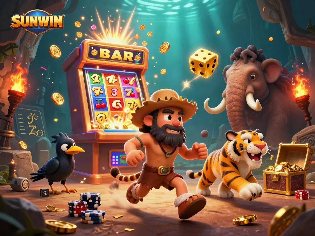 SUNWIN promotes dynamic gaming experiences with a lively caveman and sabertooth duo running a casino, showcasing thrilling slot jackpots.