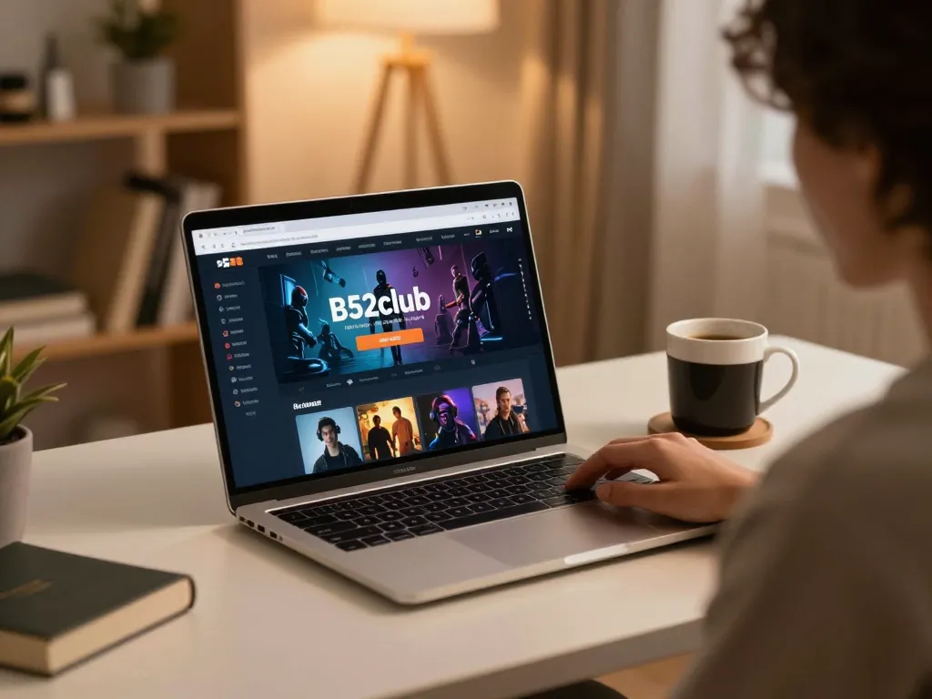 B52club online gaming setup with a laptop displaying casino games in a cozy home environment
