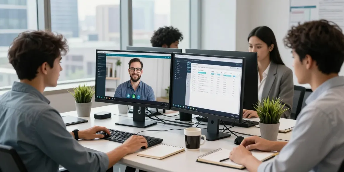 Remote IT support for small business team collaborating with clients in a bright office.
