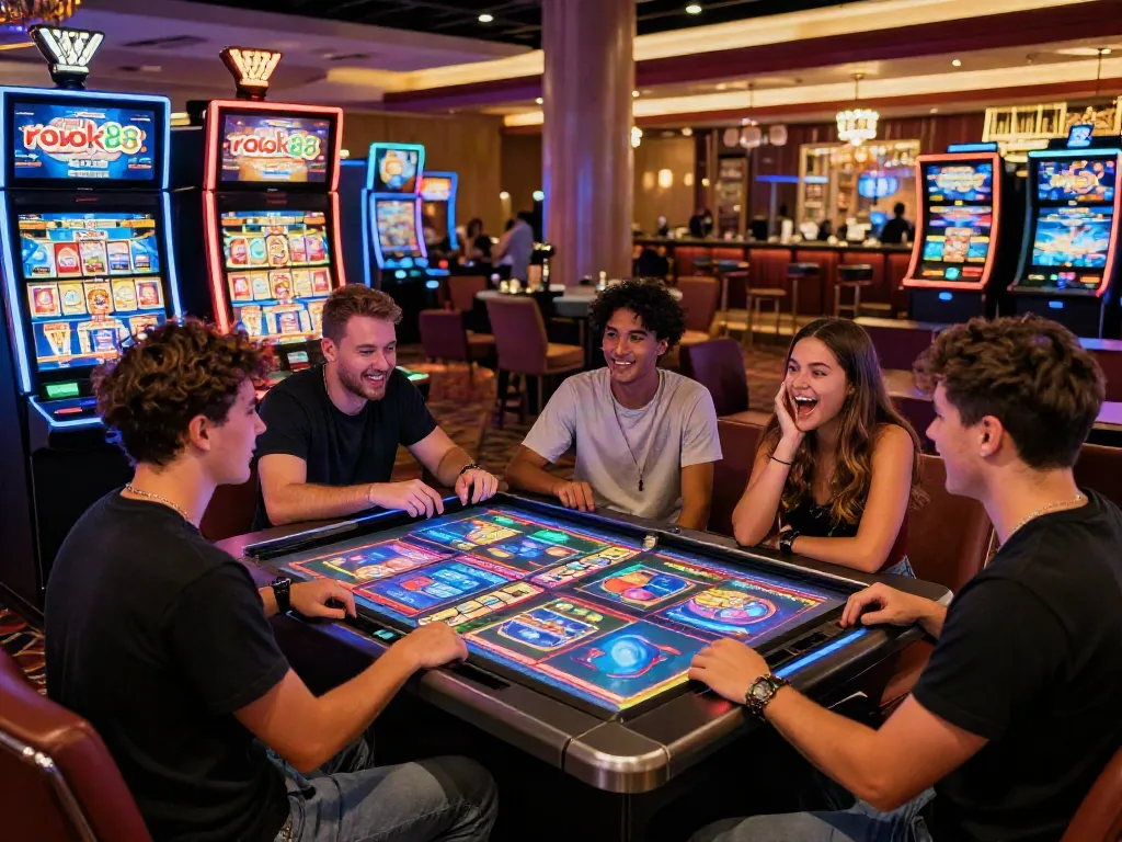 Excited group enjoying rokok88 slot machines in a vibrant casino atmosphere.