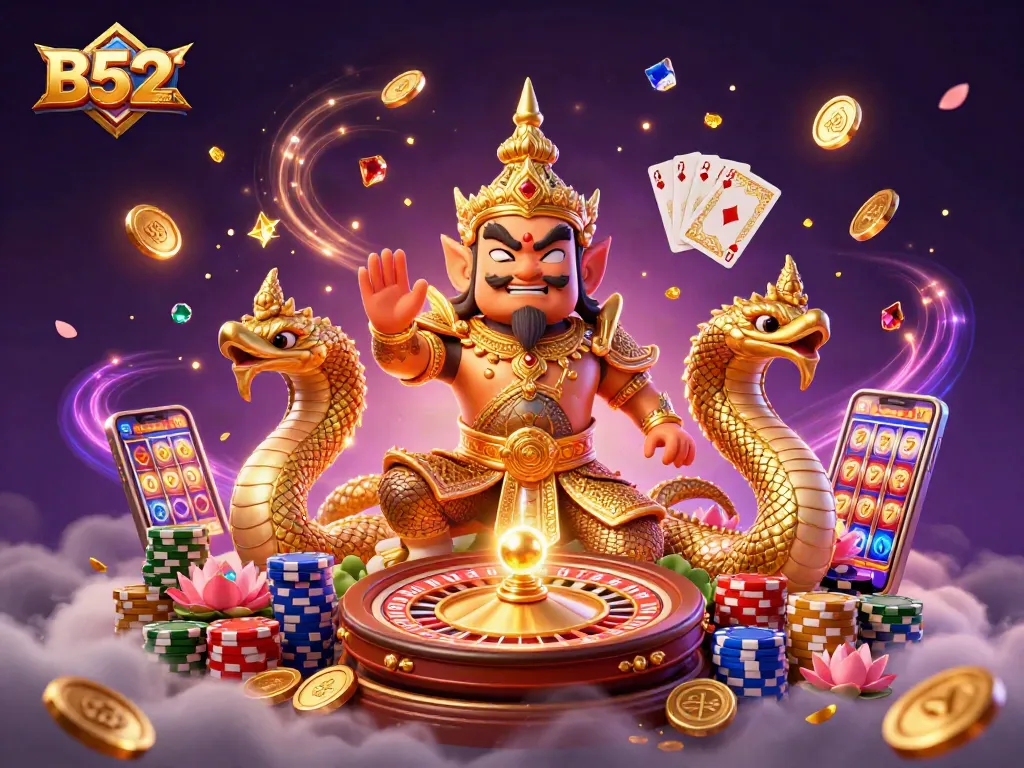B52CLUB showcases a vibrant casino scene featuring a 3D guardian and dazzling game elements.