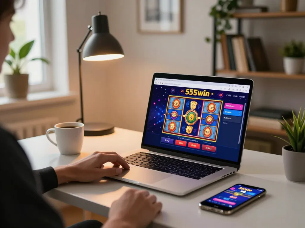 Engaging gaming at home with 555win online casino on a laptop