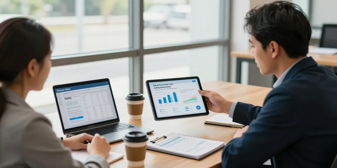 Business consultant explaining merchant cash advance options to a small business owner in a modern office setting.