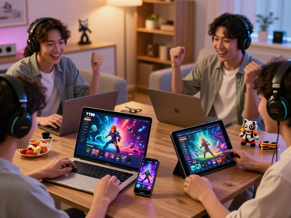 Engaging players using https://tt888.de.com in a vibrant living room setting during an online gaming session.