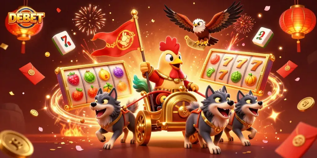 Engage with DEBET by experiencing superior online casino and slot games in a vibrant illustrated scene.