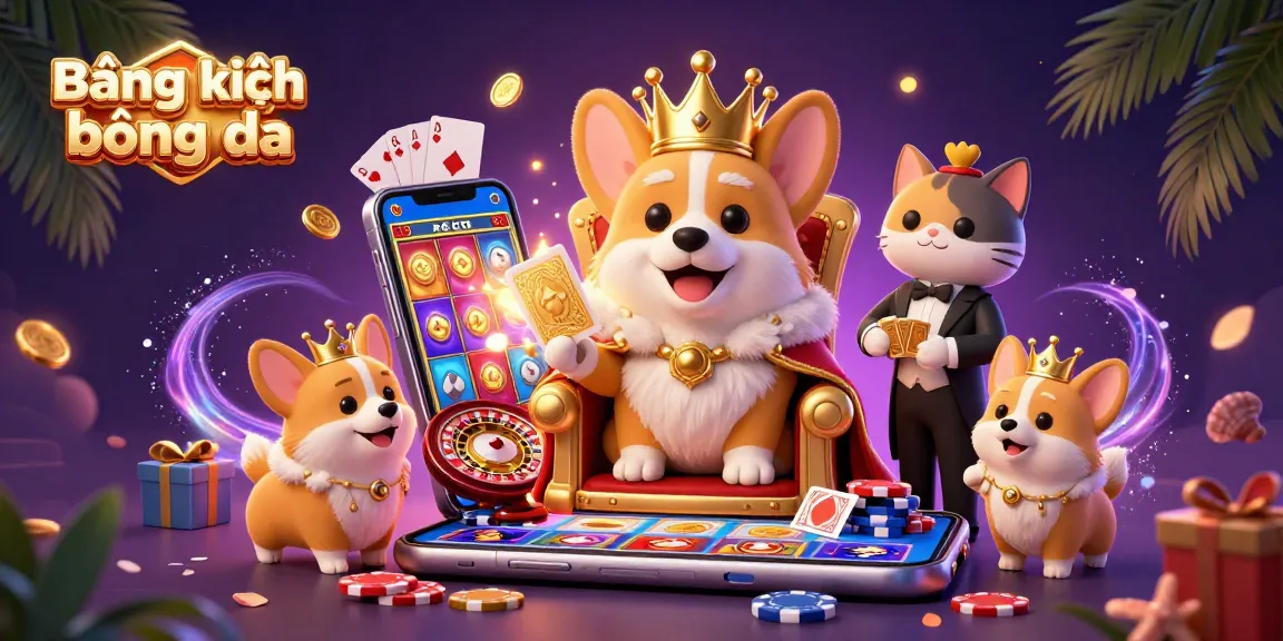 Bảng xếp hạng bóng đá dynamic illustration featuring a royal corgi and gaming elements in a vibrant casino atmosphere