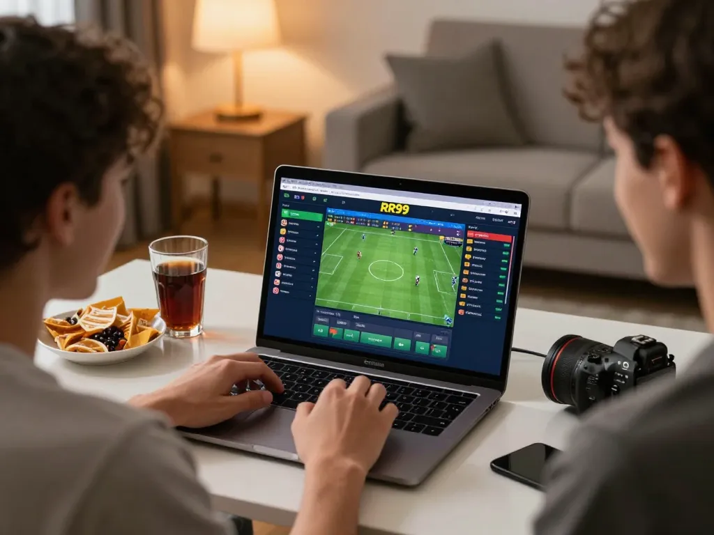 Engage in sports betting at RR99 with a cozy home setup, laptop displaying betting odds and stats.