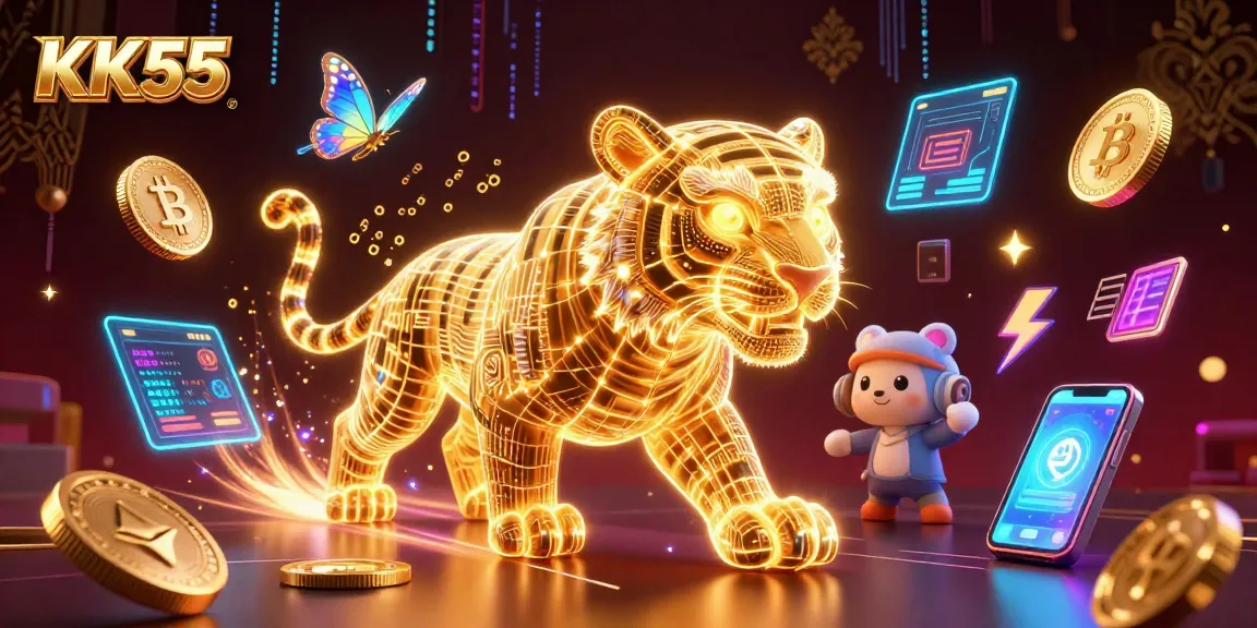 Experience the thrill of KK55's digital casino realm filled with vibrant characters and cryptocurrency elements.