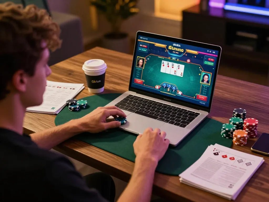 Engaging poker game online with Okfun, showcasing focused player strategy and dynamic screen gameplay.