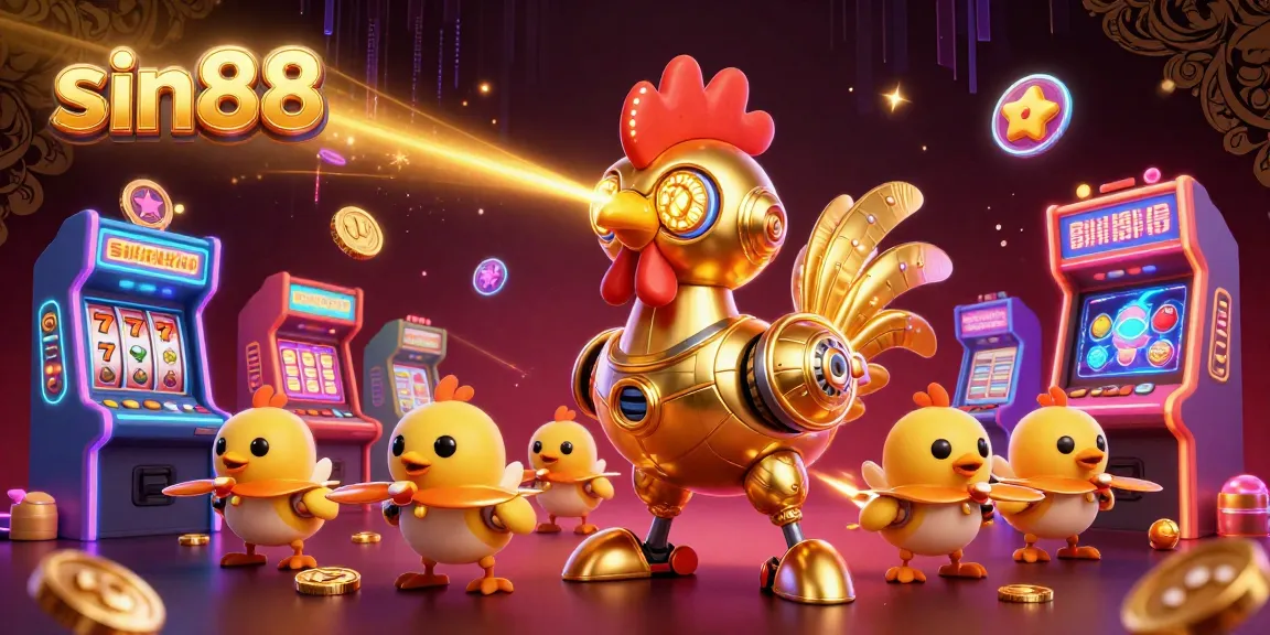 Engage with sin88 in a vibrant 3D casino scene featuring a gold rooster robot and baby chick drones!
