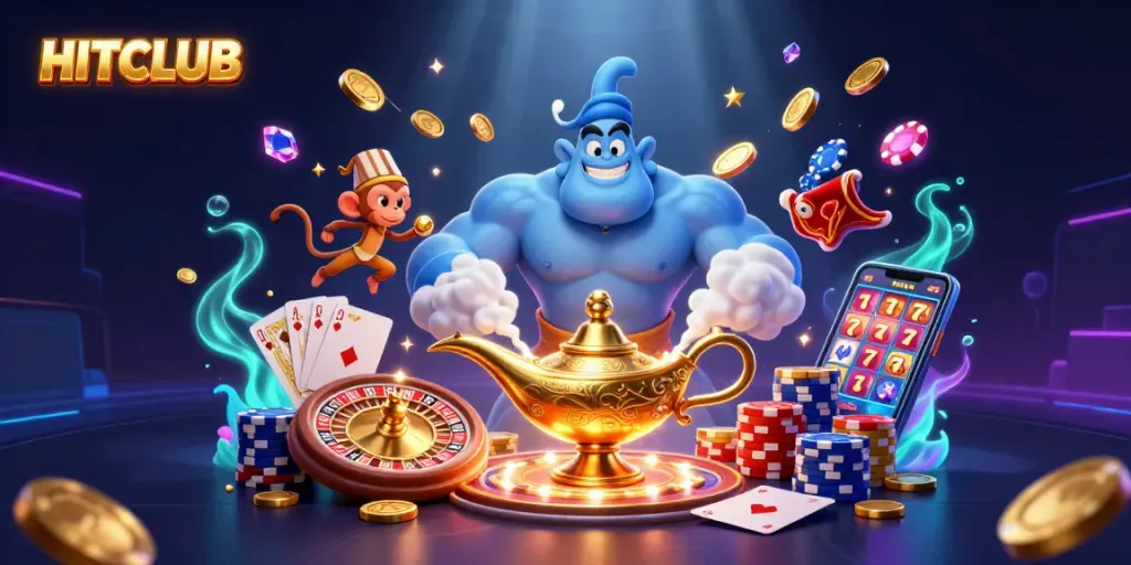 Experience excitement with HITCLUB's energetic 3D casino scene filled with vibrant characters and gaming elements.
