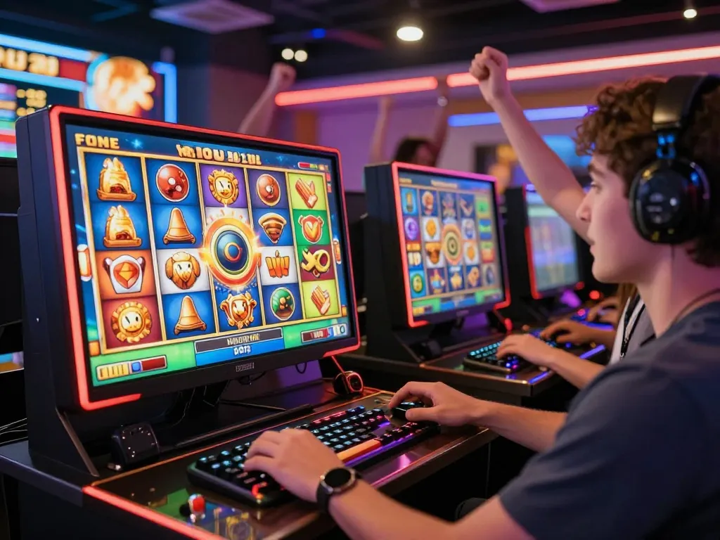 Nổ hũ đổi thưởng player enjoying a thrilling game experience with vibrant graphics and colorful surroundings.
