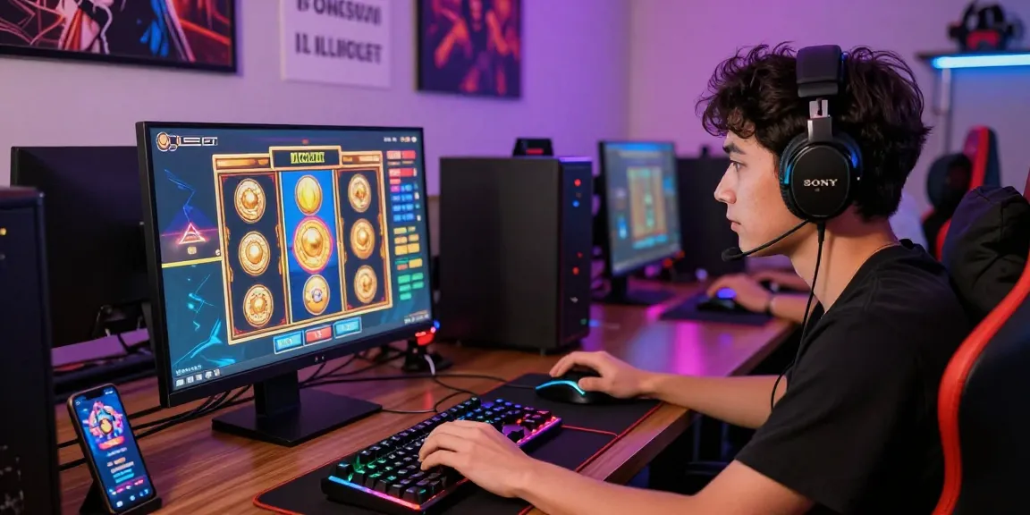 Rajaslot sebagai platform permainan online dengan pemain fokus pada antarmuka slot yang berwarna-warni.