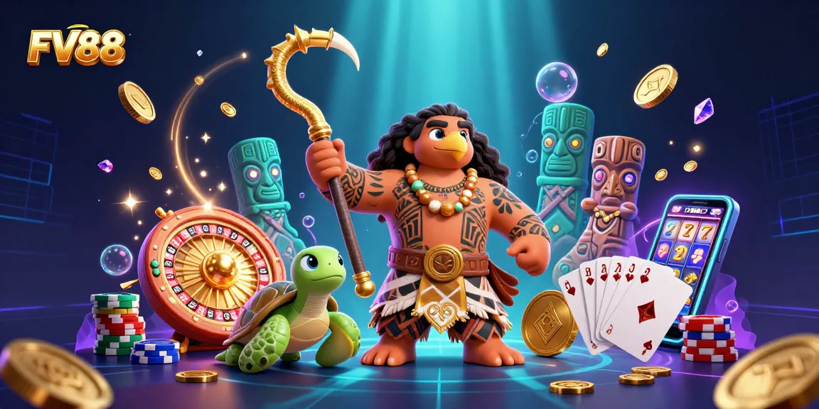 Win big with FV88 at a vibrant online casino, showcasing a golden fish hook demigod and magical gaming elements.