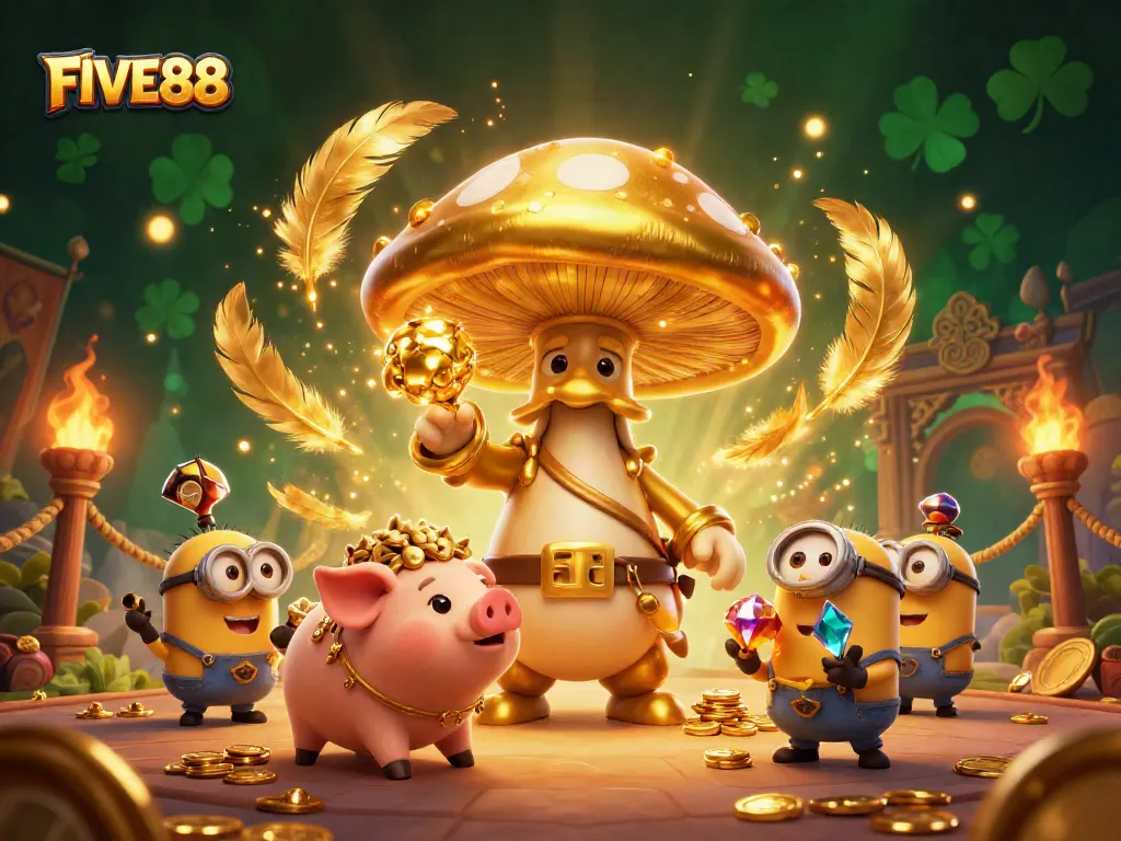 Experience thrilling wins at FIVE88 with the golden mushroom wizard in a magical casino setting.