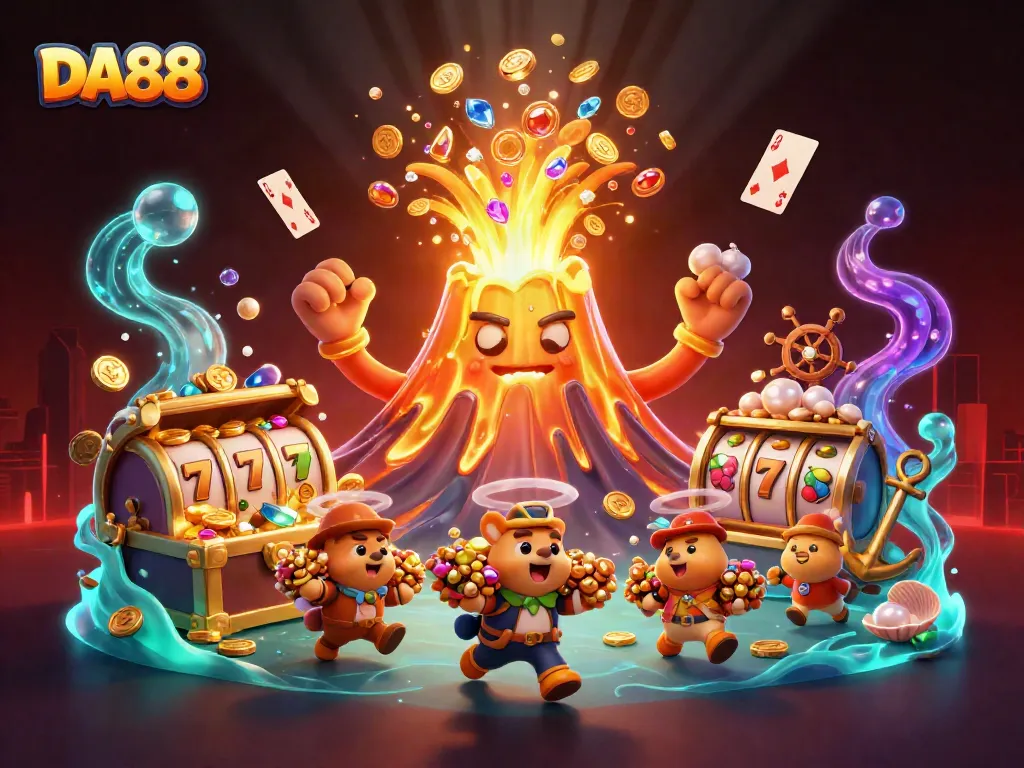 DA88 players enjoying thrilling casino moments with a golden volcano erupting treasures