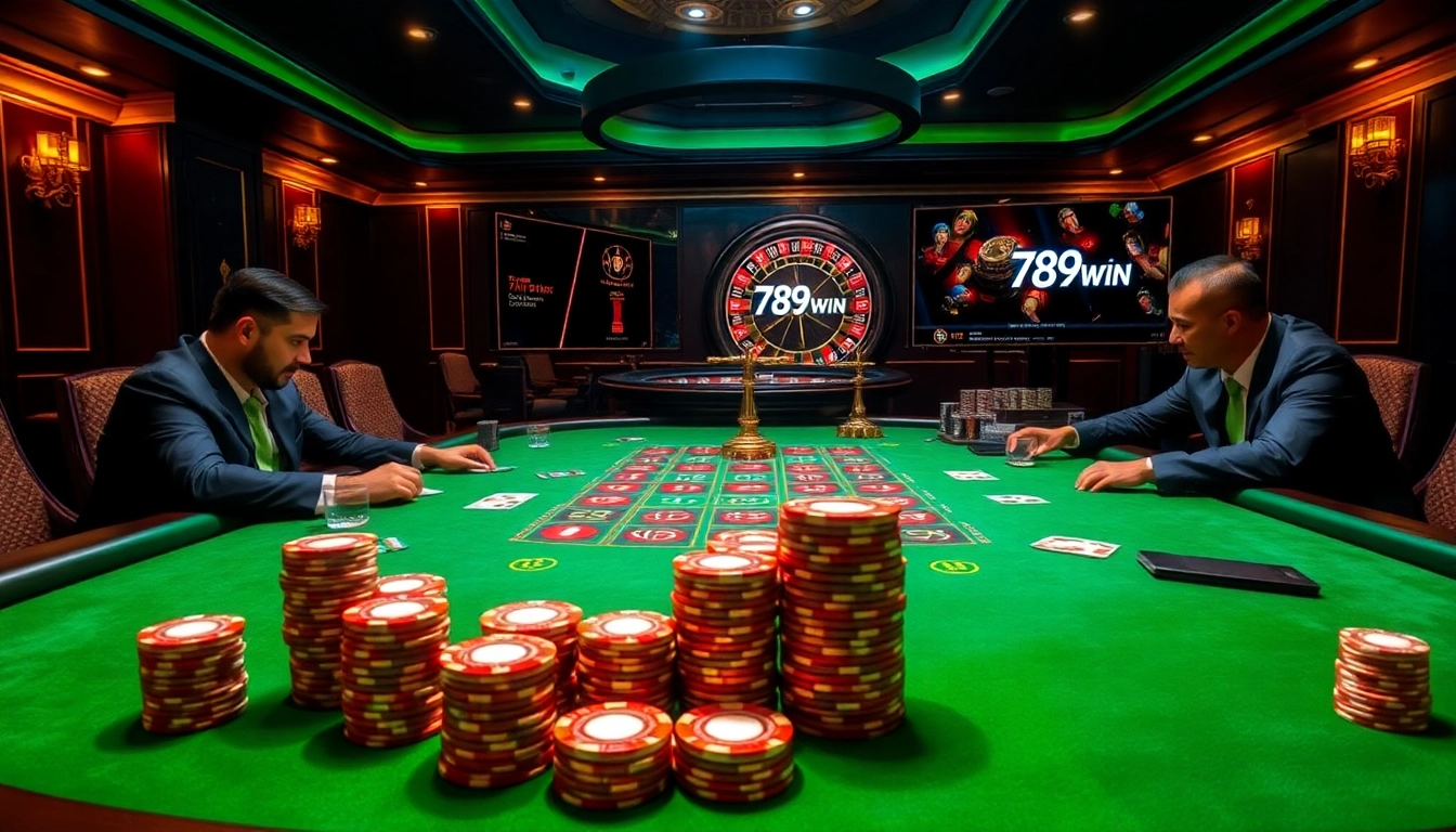 Exciting poker game scene featuring the keyword 789win, showcasing colorful chips, elegant cards, and casino atmosphere.