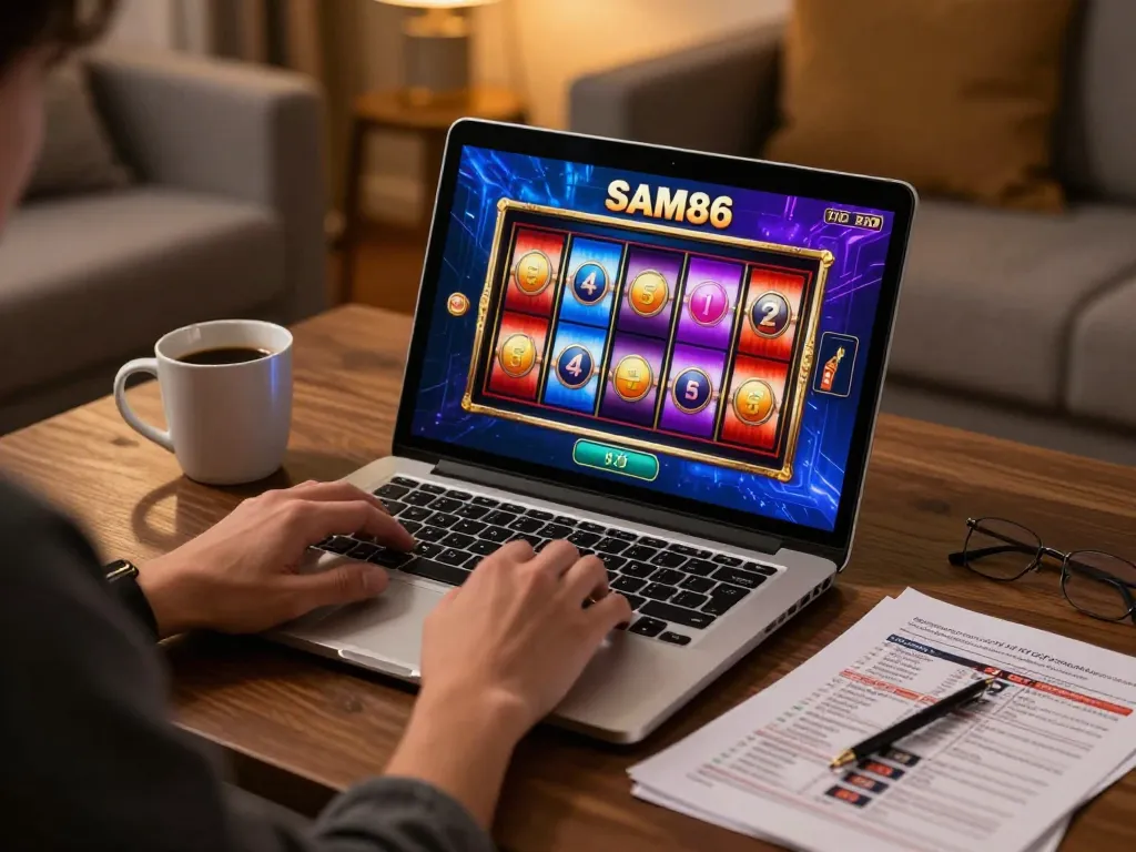 Playing SAM86 casino games on a laptop in a cozy home setup with engaging slot interface.