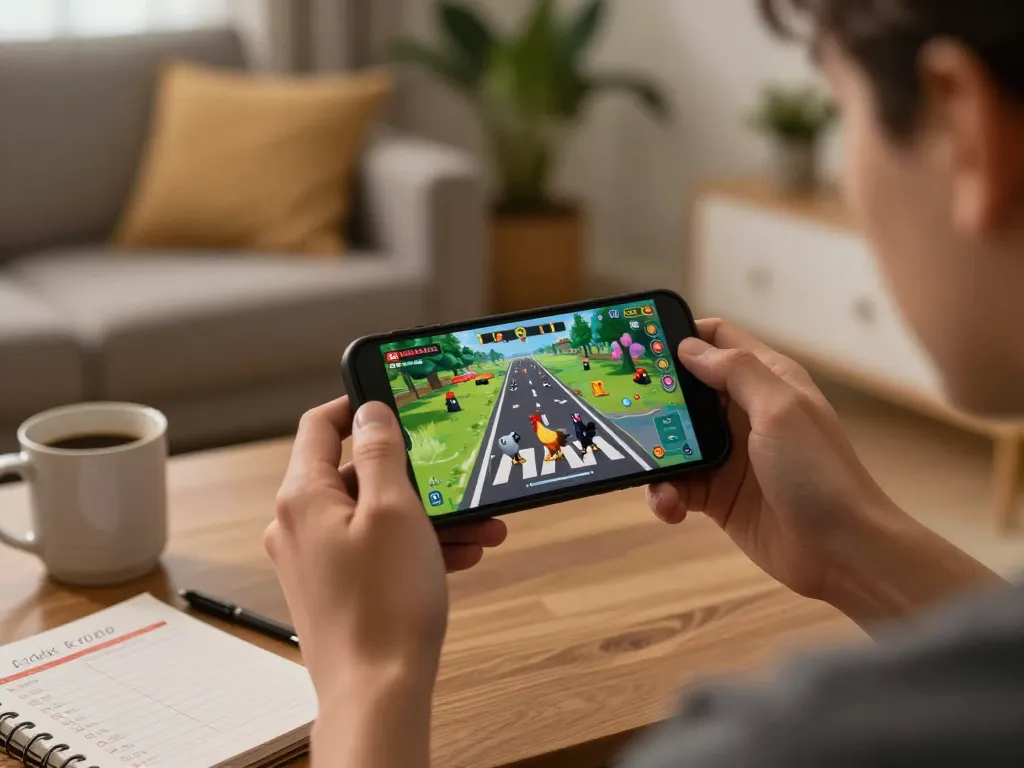 Giocatore che si diverte con il gameplay di Chicken Road recensioni su smartphone in un ambiente domestico accogliente, atmosfera coinvolgente e invitante.