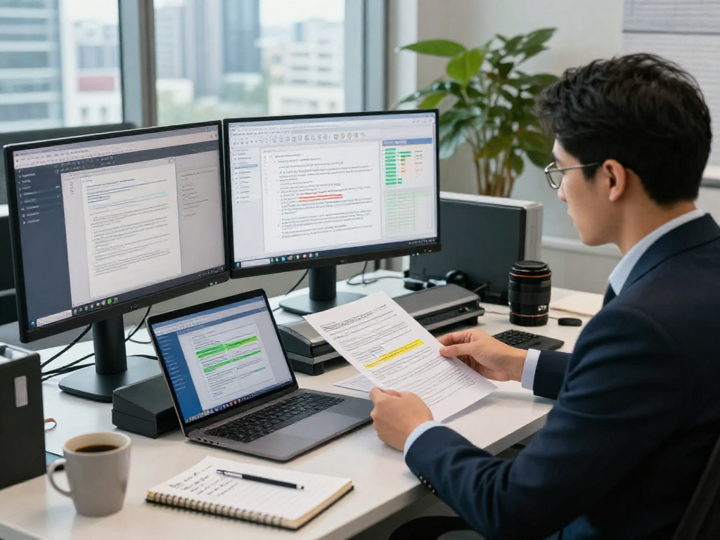 Document fraud detection expert analyzing data in a modern office with reports, software, and analytics.