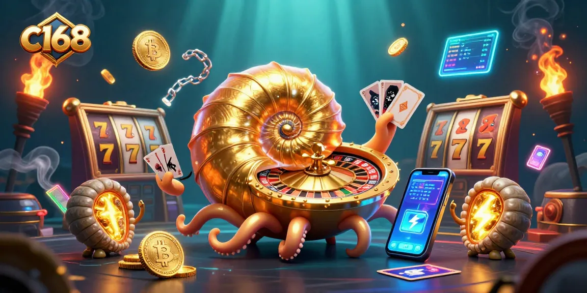 Spin the c168 roulette with a 3D nautilus and glowing cards amidst vibrant casino action.