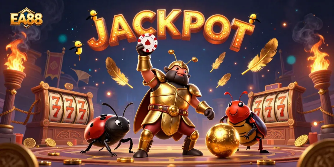 Engage with EA88: A vibrant 3D scene capturing a beetle gladiator celebrating a big casino win.