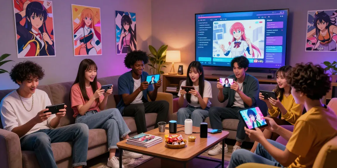 Engaging scene of users enjoying ai hentai chat with vibrant anime avatars and cozy lounge setting