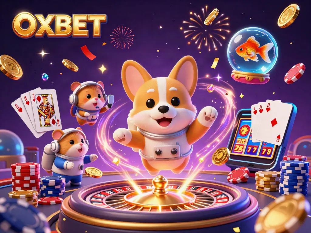 Experience the thrill of OXBET in a dynamic space casino scene with vibrant characters and gaming elements.