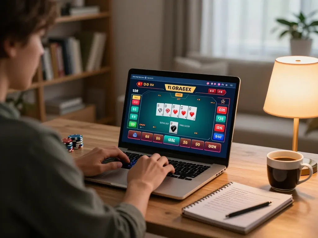 Player enjoying VSBET online casino gaming on laptop with poker action displayed, showcasing a strategic approach.