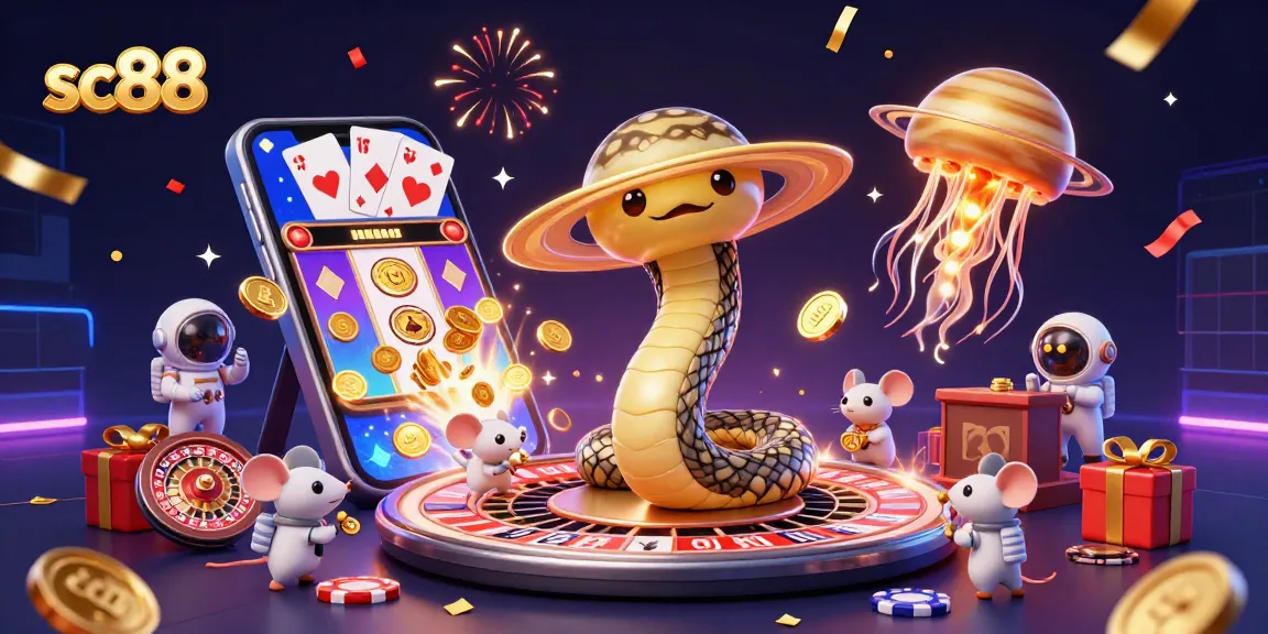 Engage with sc88 as astronaut mice place bets on a cosmic roulette wheel in this vibrant casino scene.