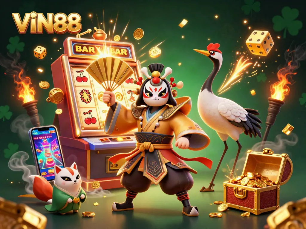 Experience the excitement of VIN88 with dynamic gaming features and colorful characters in a captivating casino scene.