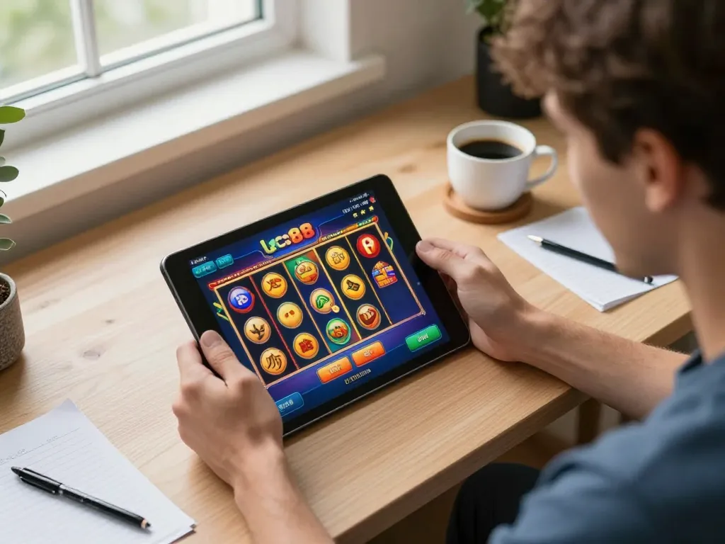Player engaged with the lc88 com app, showcasing vibrant online slots in a cozy home setup