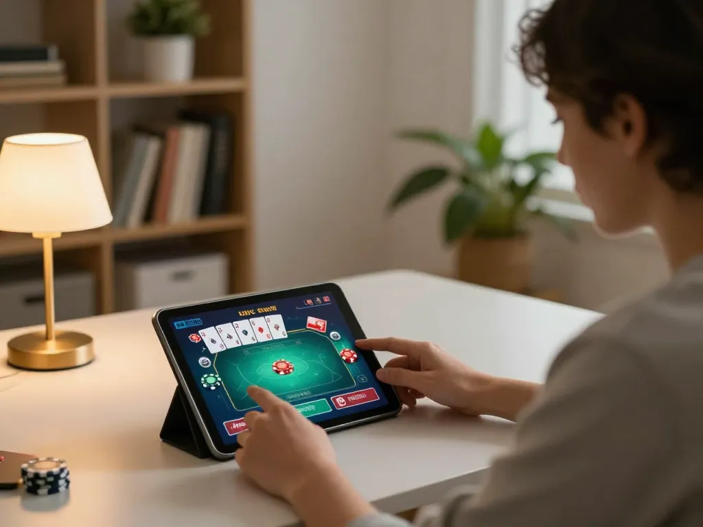 Player engaging with online poker on tablet, experiencing responsible gaming at home with rachit strategies.