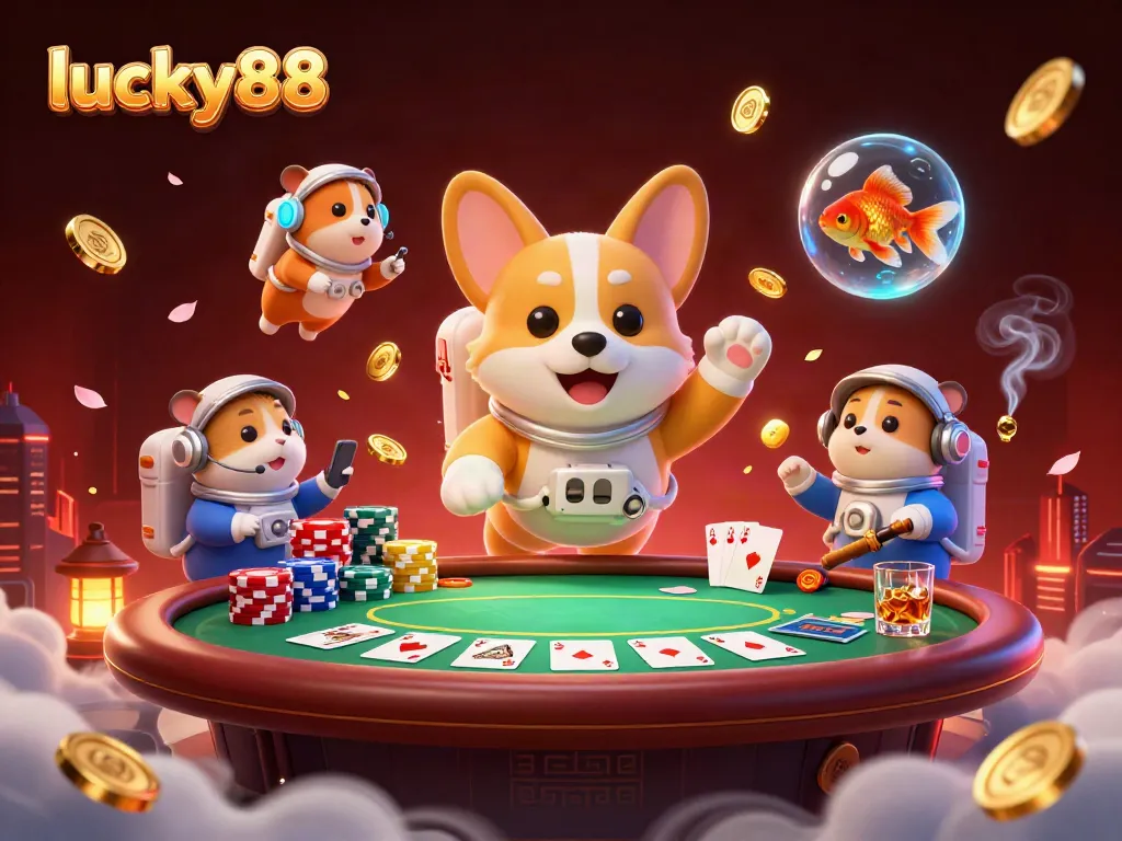 Experience lucky88 with a vibrant space casino scene featuring the astronaut corgi and dynamic poker elements.