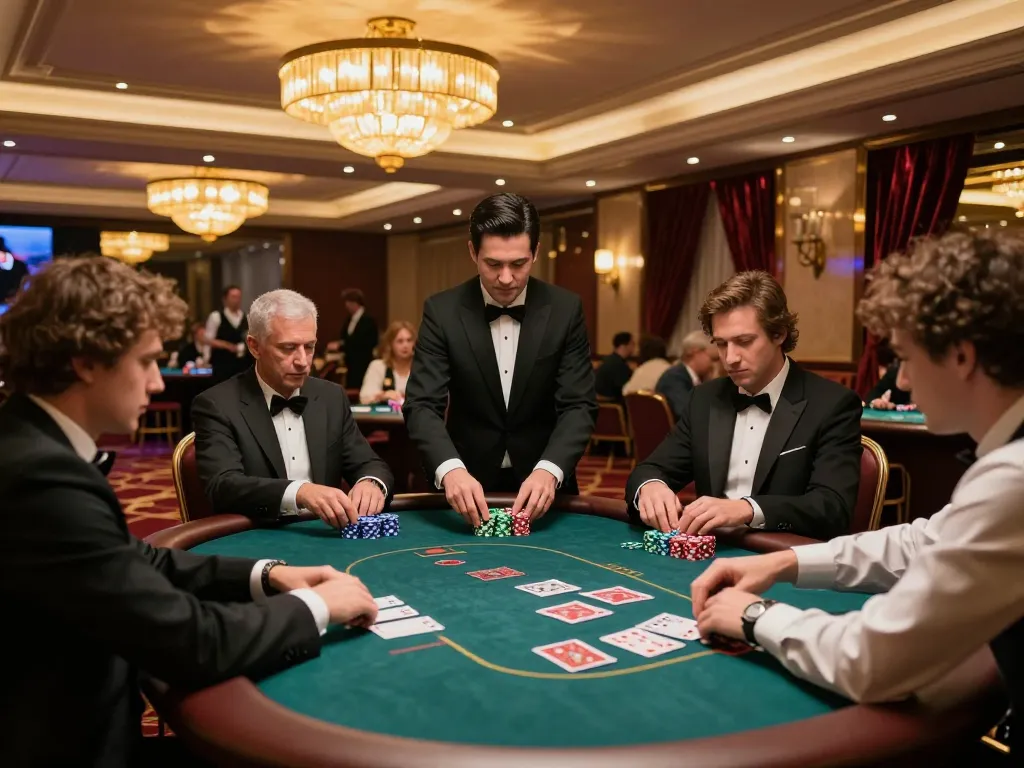 Engaged players at a Vuabet exclusive poker table in a luxurious casino setting