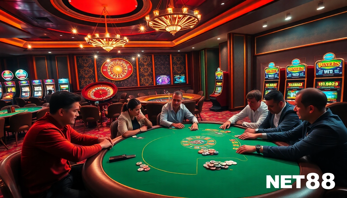 NET88 poker players compete at a vibrant casino table, showcasing excitement and luxury.