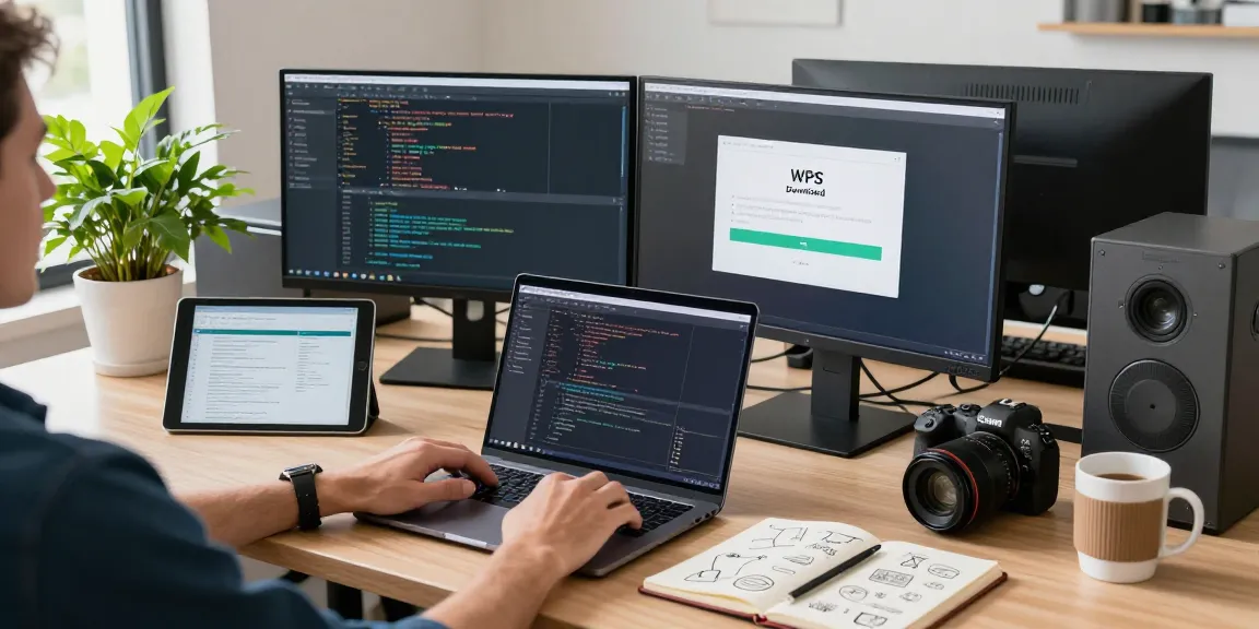 WPS Download installation in a modern office workspace, showcasing productivity tools and coding in action.